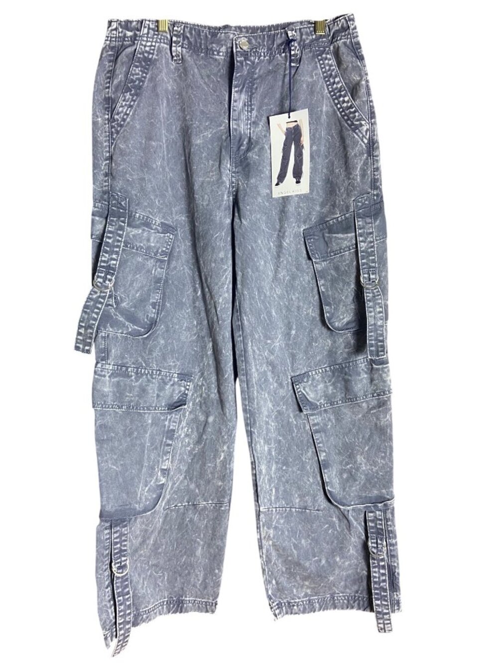 Vintage Style Washed Gray Cargo Pants With Multiple Pockets & Adjustable Straps